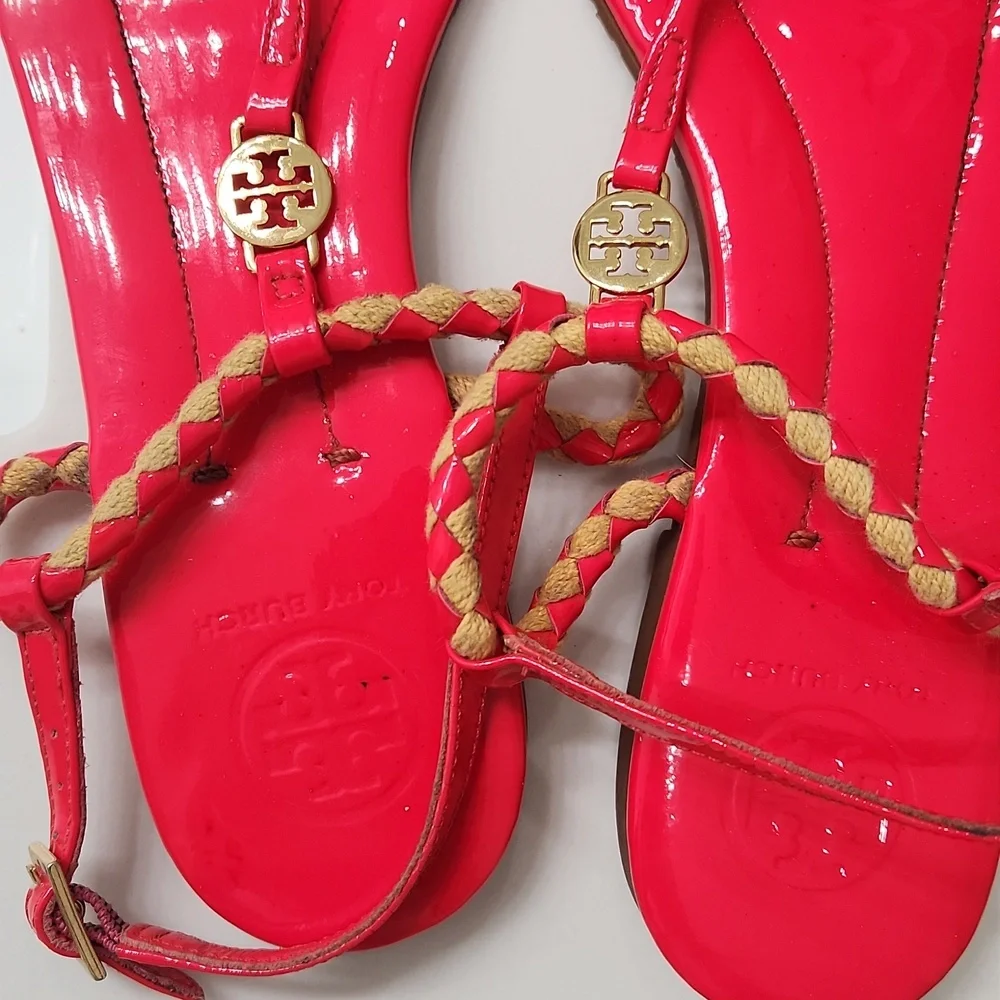 Tory Burch Bright Red Braided Thong Sandals with Gold Logo - Picture 5 of 12